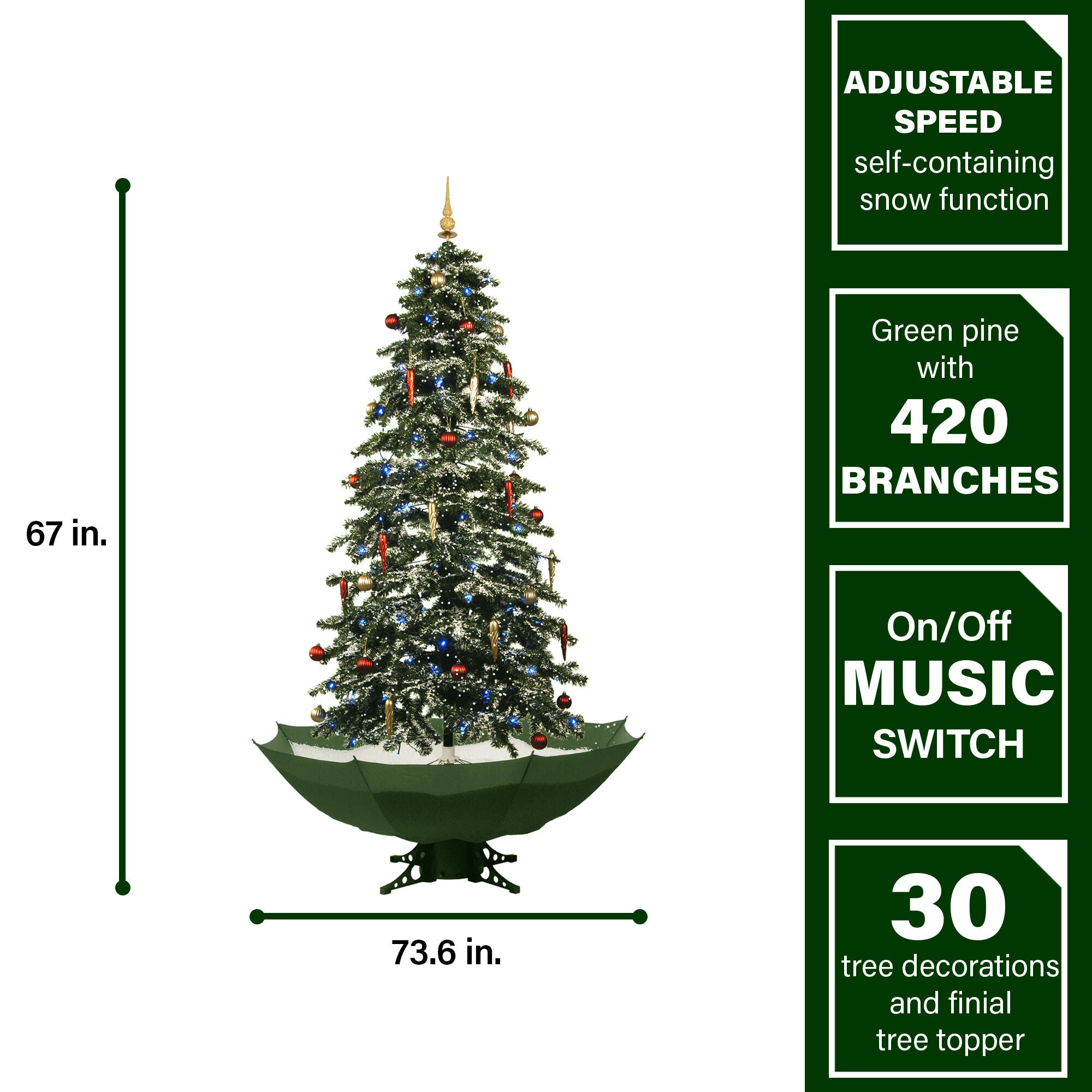 Fraser Hill Farm -  Let It Snow Series 67-In. Musical Christmas Tree with Green Umbrella Base, Snow Function, Decorations, and Lights
