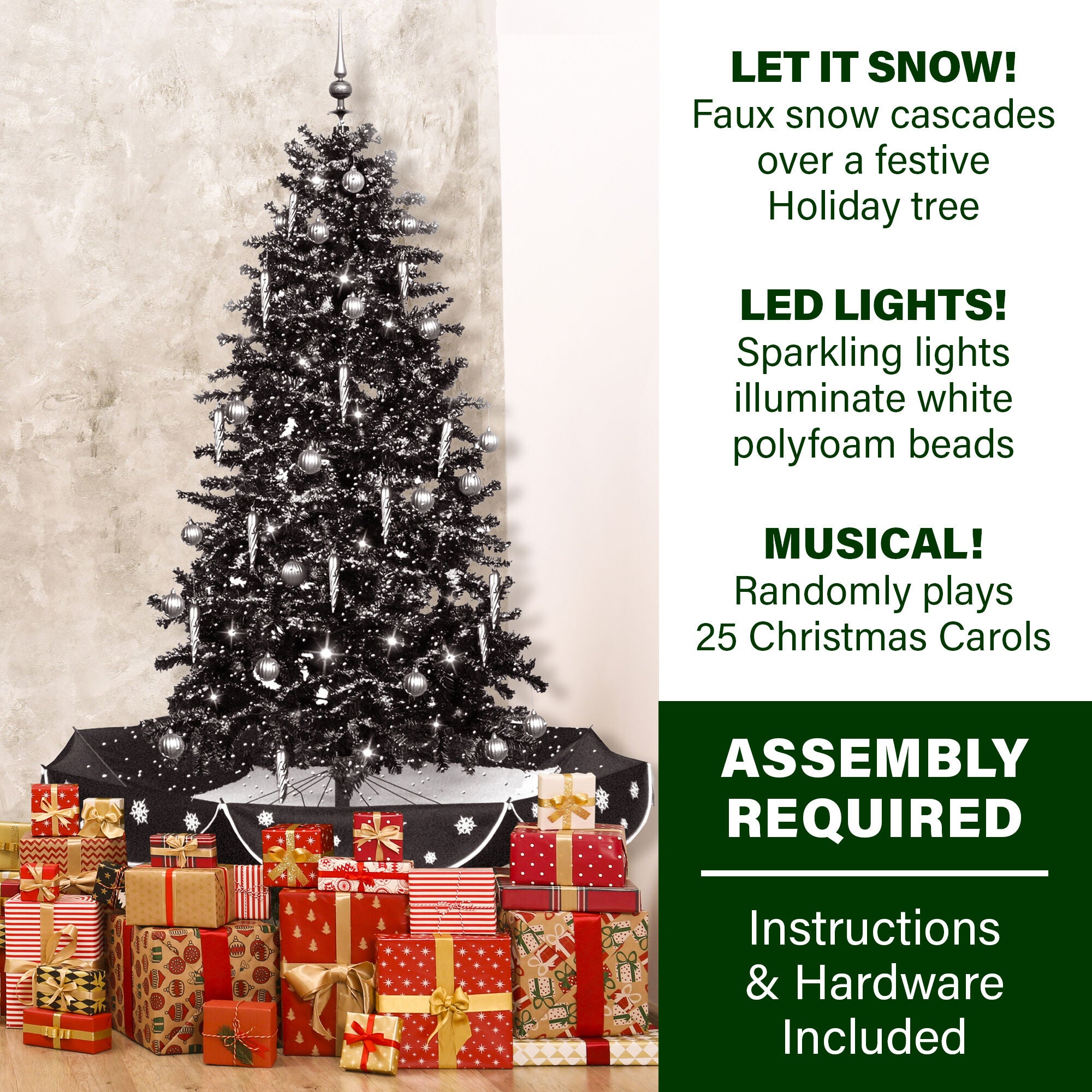 Fraser Hill Farm -  Let It Snow Series 75-In. Musical Christmas Tree with Black Umbrella Base, Snow Function, Decorations, and Lights