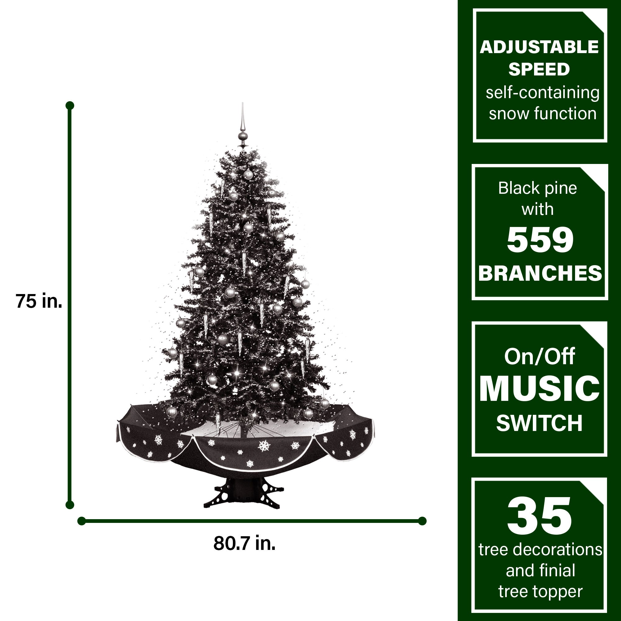 Fraser Hill Farm -  Let It Snow Series 75-In. Musical Christmas Tree with Black Umbrella Base, Snow Function, Decorations, and Lights
