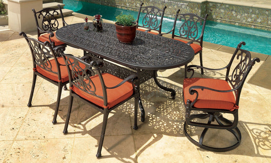 Gensun Outdoor Dining Set [Premium] Desert Bronze Gensun Florence 42" X 86" Oval Dining Table | Cushion Dining Arm Chair | Cushion Swivel Rocker Chair | 7 Piece Outdoor Dining Set [Premium] - 112300B3