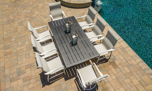Gensun Outdoor Dining Set [Premium] 44" x 86" / Dove Gensun Channel 62"X90" Rectangular Dining Table |  Dining Chair | Swivel Rocker Chair | 9 Piece Outdoor Dining Set [Premium] - 101900C6