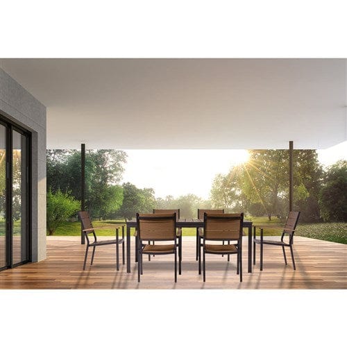 Hanover Accessories Asher7pc Dining Set: 6 Faux Wood Aluminum Chairs and 71"x40" Slat Table - Brown/Grey