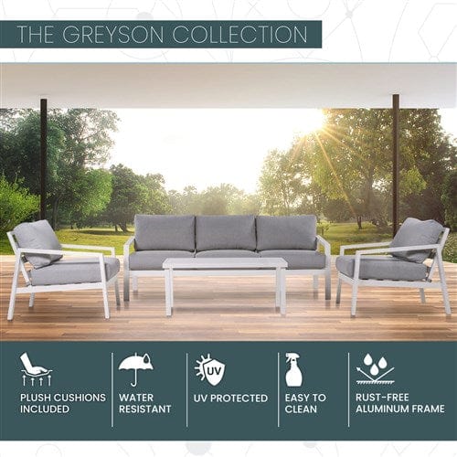 Hanover Accessories Greyson4pc Seating Set: 2 Cushioned Side Chairs, Sofa, Slat Coffee Table - Grey/White