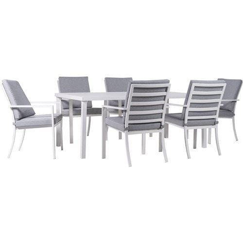 Hanover Accessories Greyson7pc Dining Set: 6 Cushioned Aluminum Chairs and 70"x40" Slat Table - Grey/White