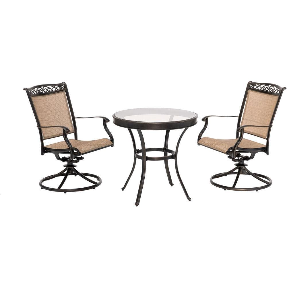 Hanover Bistro Set Hanover - 3pc Bistro Set: 30" glass top tbl, 2 sling  swivel rockers, includes cover