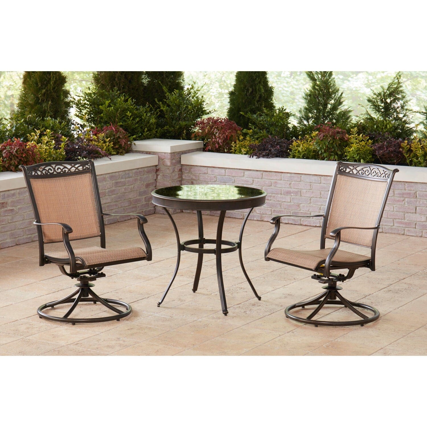 Hanover Bistro Set Hanover - 3pc Bistro Set: 30" glass top tbl, 2 sling  swivel rockers, includes cover | FNTDN3PCSWG