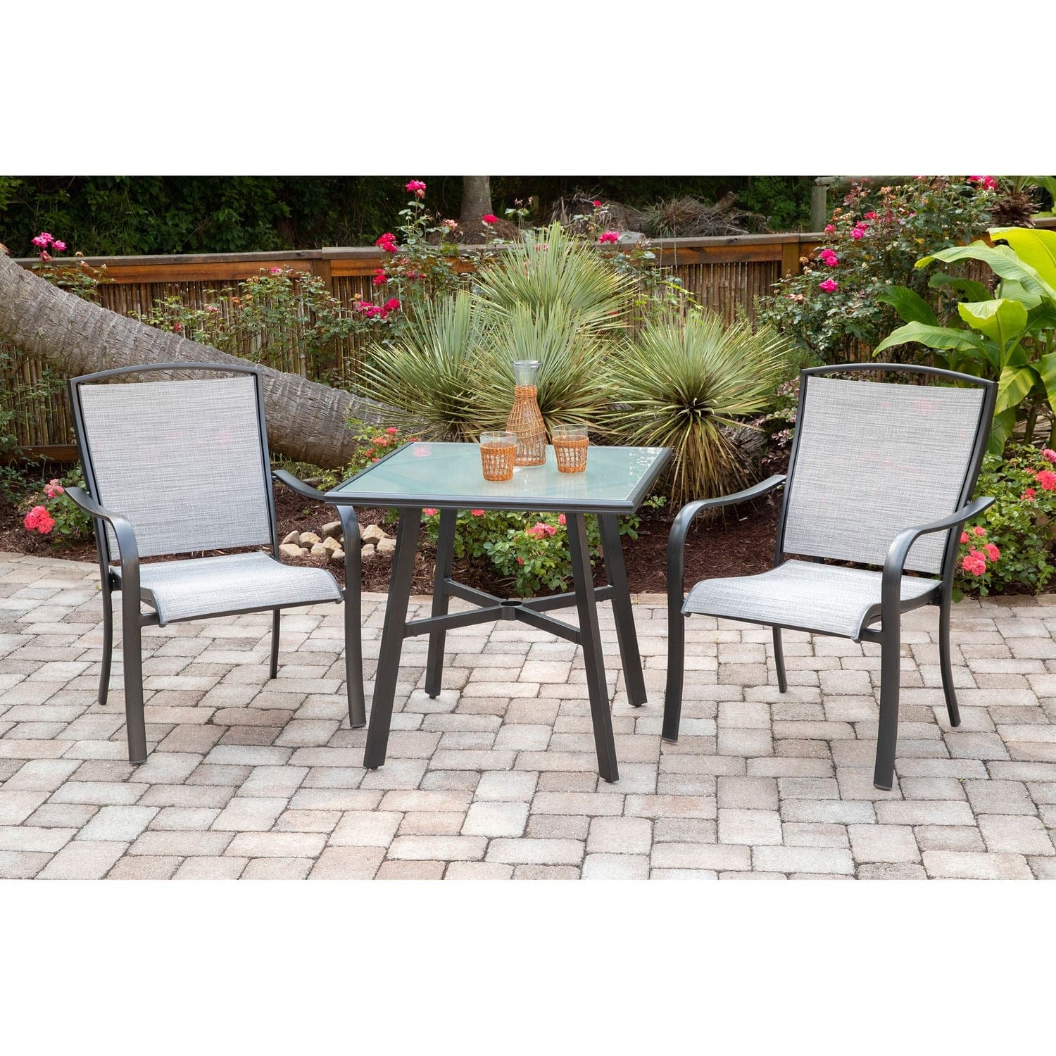 Hanover Bistro Set Hanover - Foxhill 3pc Dining Set: 2 Sling Dining Chairs and 1 30" Sq Glass Table | FOXDN3PCG-GRY