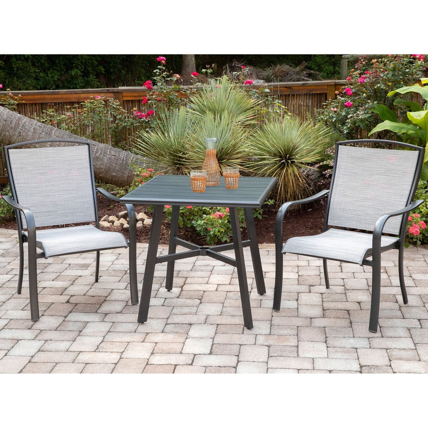 Hanover Bistro Set Hanover - Foxhill 3pc Dining Set: 2 Sling Dining Chairs and 1 30" Sq Slat Table | FOXDN3PCS-GRY