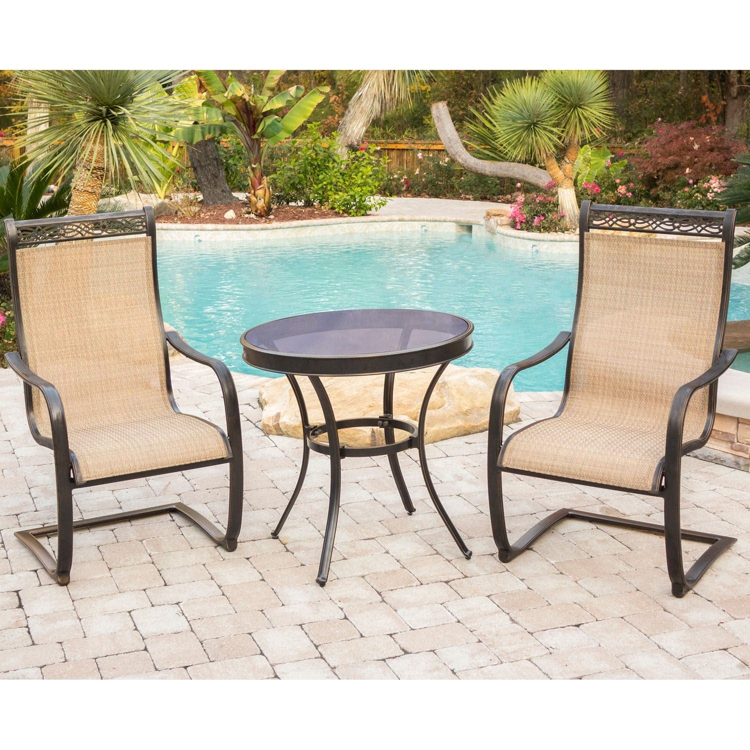 Hanover Bistro Set Hanover Monaco 3-Piece Bistro Set with Spring Sling Chairs | 30" Glass Top Table - Tan Sling/Glass | MONDN3PCSPG