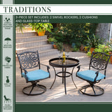 Hanover Bistro Set Hanover Traditions 3-Piece Aluminum Frame Swivel Bistro Set in Blue with 30 in. Glass-top Table | TRADDN3PCSWG-B