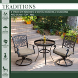 Hanover Bistro Set Hanover Traditions 3-Piece Aluminum frame Swivel Bistro Set in Tan with 30 in. Glass-top Table | TRADDN3PCSWG