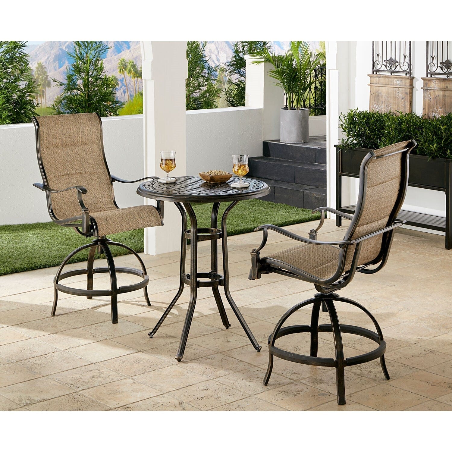 Hanover Bistro Set Hanover Traditions 3-Piece Aluminum Frames High-Dining Bistro Set in Tan with 2 Padded Swivel Counter-Height Chairs and 30-in. Cast-top Table - TRADDN3PCPDBR-TAN