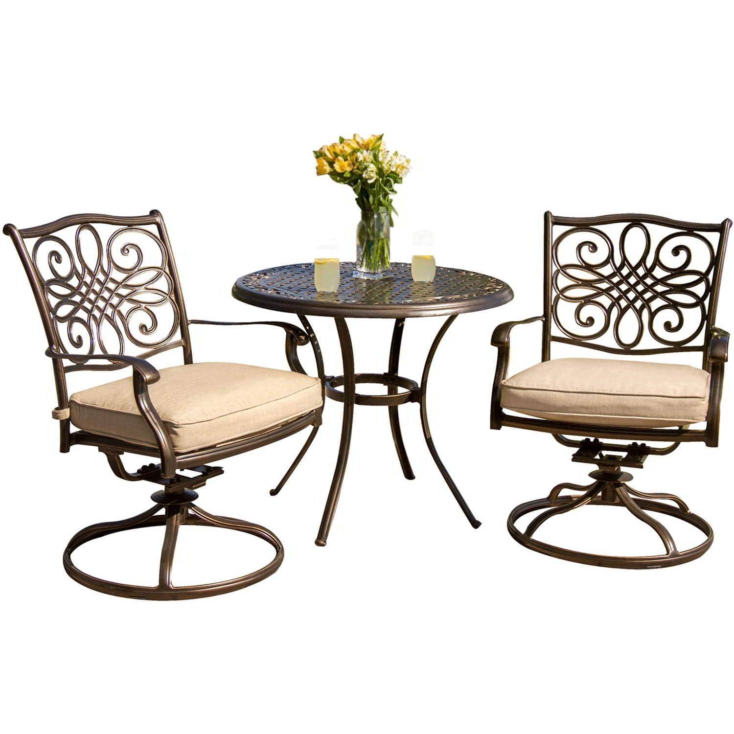 Hanover Bistro Set Hanover Traditions 3-Piece Bistro Dining Set with Two Alumicast Swivel Rockers and a 32 in. Round Table - TRADITIONS3PCSW