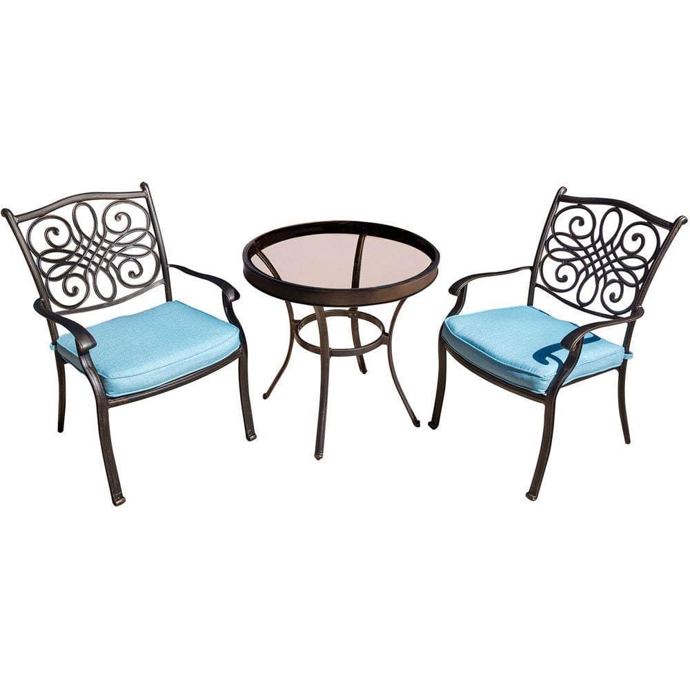 Hanover Bistro Set Hanover Traditions 3-Piece Bistro Set in Blue with 30 In. Glass-top Table