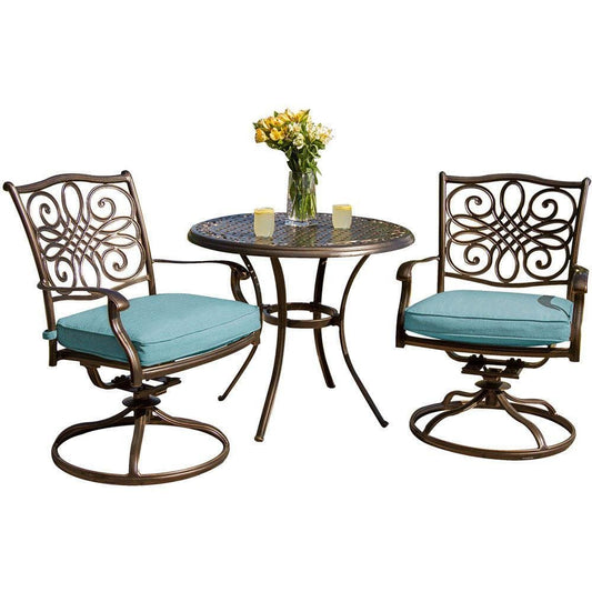 Hanover Bistro Set Hanover Traditions 3-Piece Bistro Set in Blue with 32 in. Cast-Top Table, TRADDN3PCSW-BLU