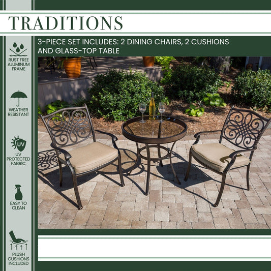 Hanover Bistro Set Hanover Traditions 3-Piece Bistro Set in Tan with 30 in. Glass-Top Table