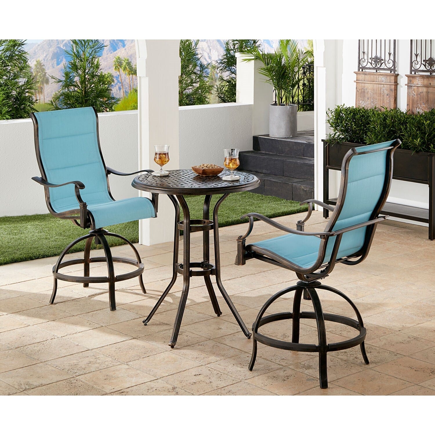 Hanover Bistro Set Hanover Traditions 3-Piece High-Dining Bistro Set in Blue with 2 Padded Swivel Counter-Height Chairs and 30-in. Cast-top Table - TRADDN3PCPDBR-BLU
