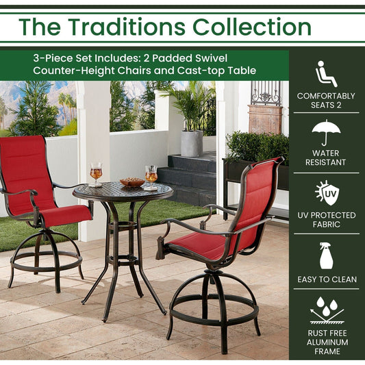 Hanover Bistro Set Hanover Traditions 3-Piece High-Dining Bistro Set in Red with 2 Padded Swivel Counter-Height Chairs and 30-in. Cast-top Table - TRADDN3PCPDBR-RED