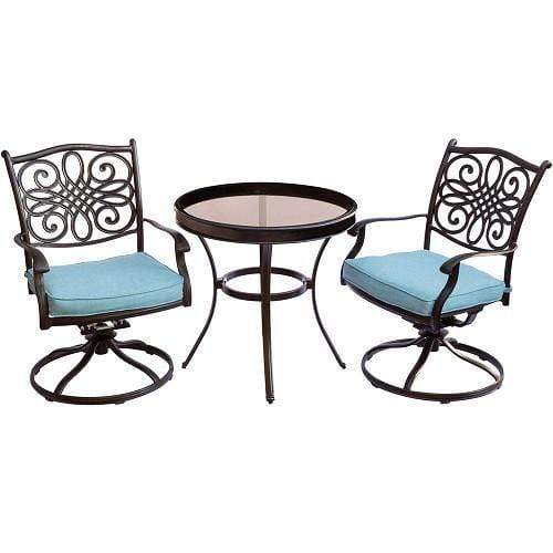 Hanover Bistro Set Hanover Traditions 3-Piece Swivel Bistro Set in Blue with 30 in. Glass-top Table