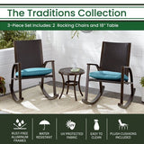 Hanover Chairs Hanover Traditions 3-Piece Rocking Chair Set, 2 Rocker Chairs and Cast Round Side Table, Aluminum Frame Wicker Back, Comfortable Plush Cushion, Rust-Resistant - TRADWB3PCRKR-Blue