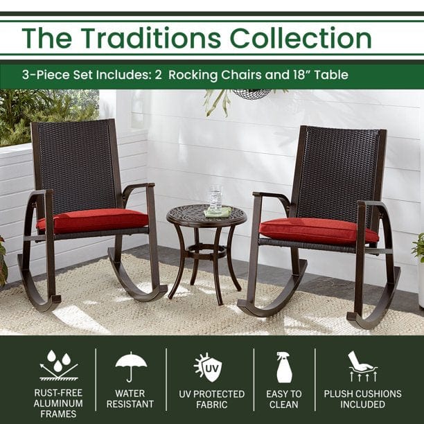 Hanover Chairs Hanover Traditions 3-Piece Rocking Chair Set, 2 Rocker Chairs and Cast Round Side Table, Aluminum Frame Wicker Back, Comfortable Plush Cushion, Rust-Resistant - TRADWB3PCRKR-Red