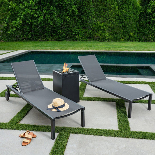 Hanover Chaise Lounge Hanover- Windham 3-Piece Chaise Lounge Set | featuring a 40,000 BTU Column Fire Pit | Gray Frame/Gray Sling | WINDCHS3PCGFP-GRY
