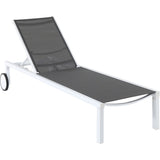 Hanover Chaise Lounge Hanover- Windham 3-Piece Chaise Lounge Set featuring a 40,000 BTU Tile-Top Fire Pit Table with Burner Cover, White Frame / Gray Sling | 30x30 | WINDCHS3PCFP-WG