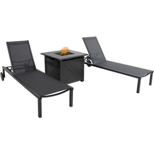 Hanover Chaise Lounge Windham 3-Piece Chaise Lounge Set featuring a 40,000 BTU Tile-Top Fire Pit Table with Burner Cover, Gray Frame / Gray Sling