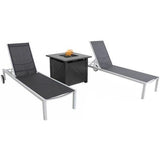 Hanover Chaise Lounge Windham 3-Piece Chaise Lounge Set featuring a 40,000 BTU Tile-Top Fire Pit Table with Burner Cover, White Frame / Gray Sling