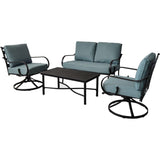 Hanover Conversation Set Blue Montclair 4 Piece Seating Set: 2 Swivel Chairs, Loveseat, Coffee Table - Ocean Blue/Brown