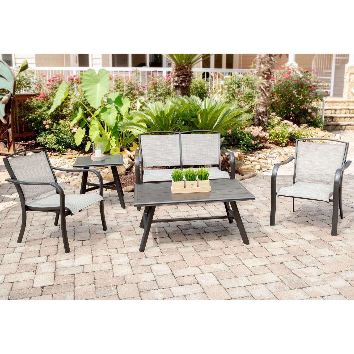 Hanover Conversation Set Foxhill 5-Piece Commercial-Grade Patio Seating Set with 2 Sling Chairs, Sling Loveseat, Slat Coffee Table, and 22" Side Table | FOXHILL5PC-GRY