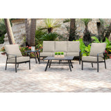 Hanover Conversation Set Hanover- Cortino 5 Piece Commercial Grade Patio Seating Set with 2 Cushioned Club Chairs, Loveseat, and Slat | Top Coffee and Side Table | CORT5PCL-ASH