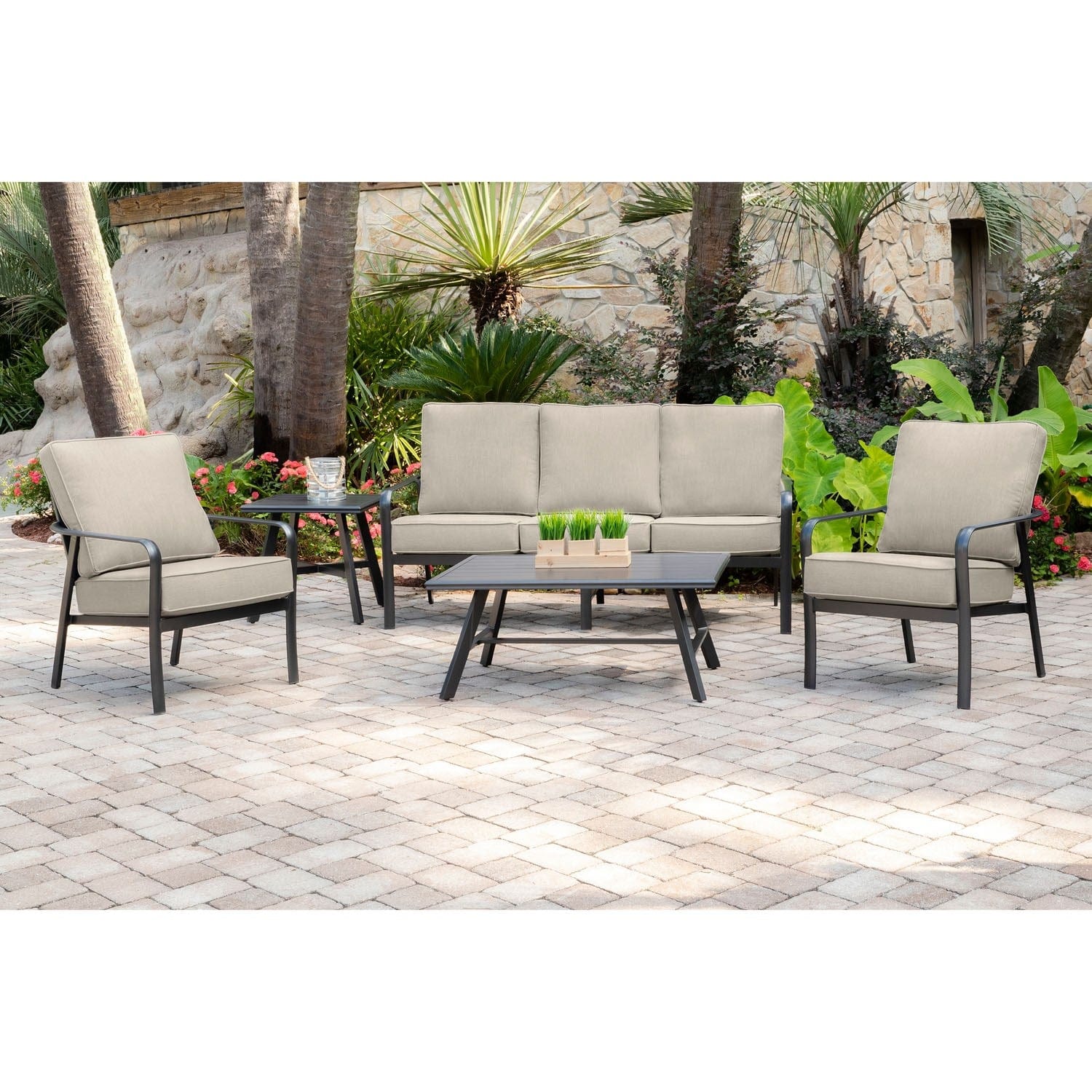 Hanover Conversation Set Hanover - Cortino 5 Piece Commercial-Grade Patio Seating Set with 4 Cushioned Club Chairs and an Aluminum Slat | Top Coffee Table | CORT5PCCT-ASH