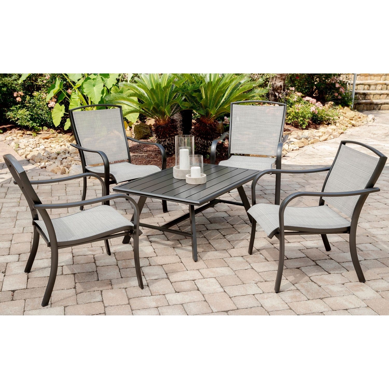 Hanover Conversation Set Hanover - Foxhill 5pc Seating Set: 4 Sling Chairs and Slat Coffee Table | FOXHILL5PCCT-GRY