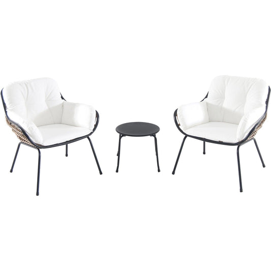 Hanover Conversation Set Hanover Naya 3-Piece Chat Set with White Cushions | 2 Steel side chairs | Accent table - Steel/White | NAYA3PC-WHT