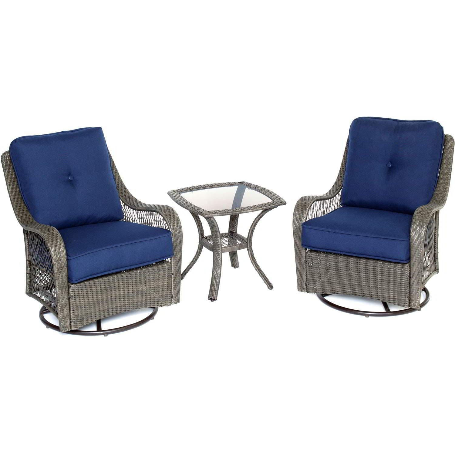 Hanover Conversation Set Hanover Orleans 3-Piece Swivel Gliding Chat Set in Navy Blue with Gray Weave