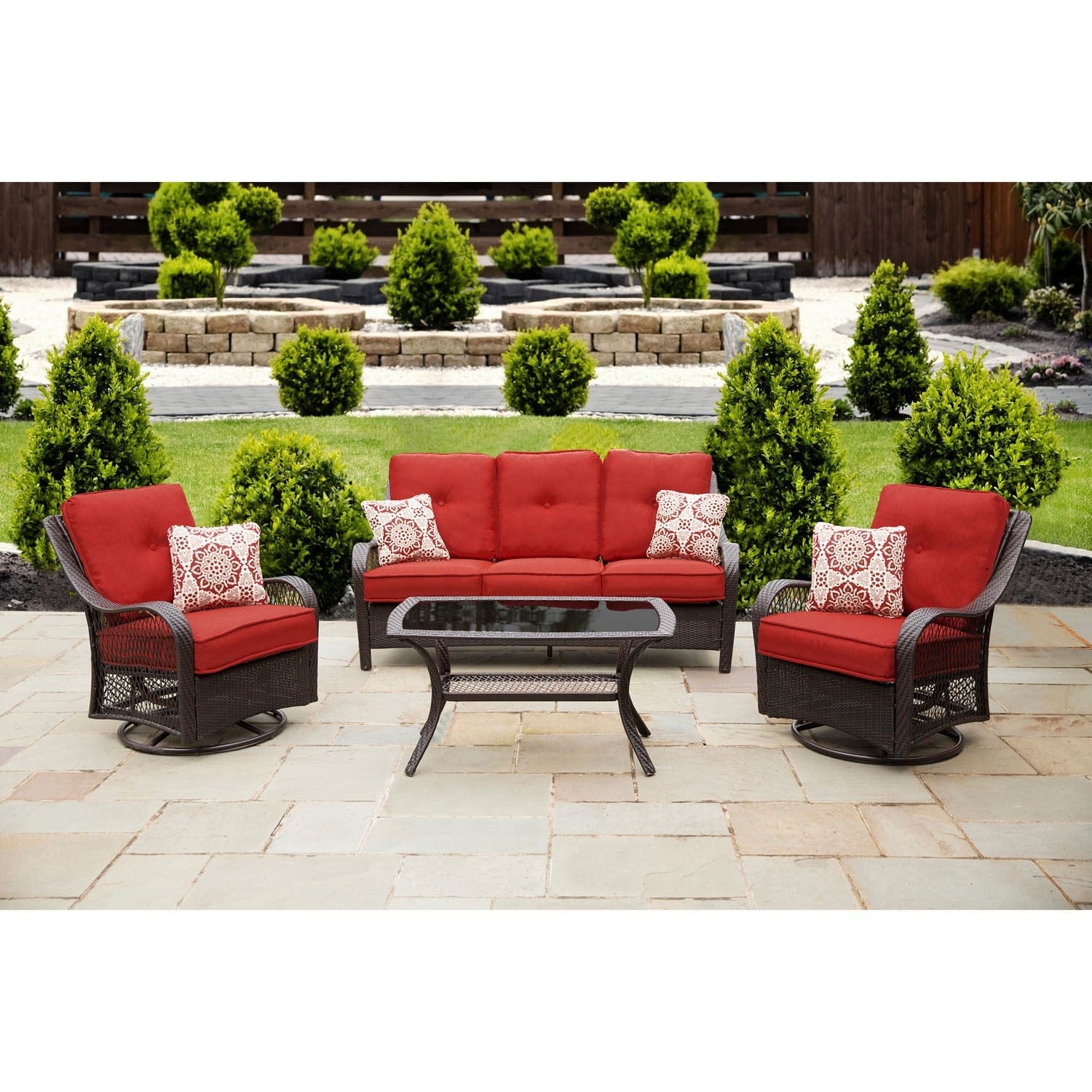 Hanover Conversation Set Hanover - Orleans 4-Piece All-Weather Patio Set in Autumn Berry | 2 Swivel Gliders, Sofa, Coffee Table | ORLEANS4PCSW-B-BRY