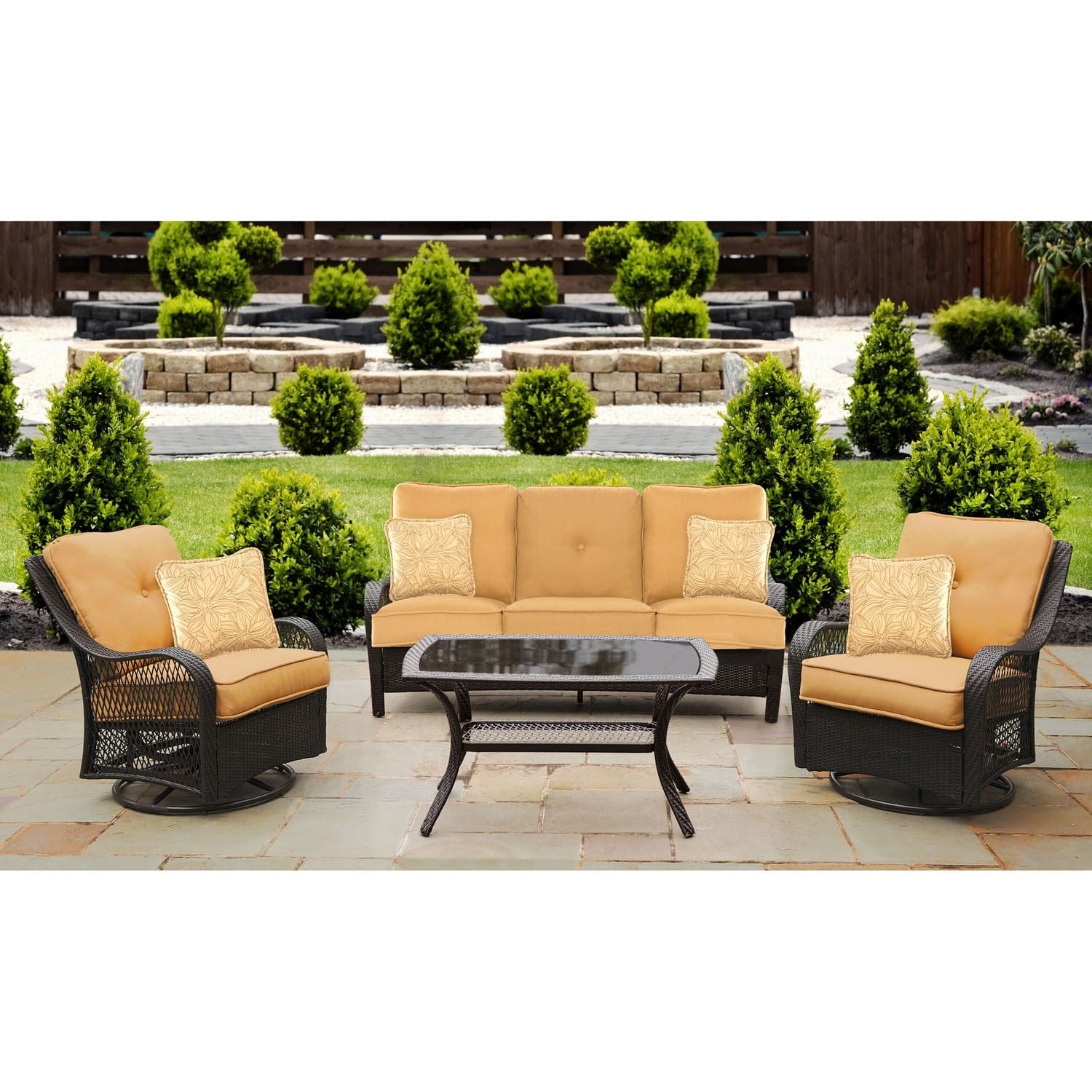 Hanover Conversation Set Hanover - Orleans 4-Piece All-Weather Patio Set in Sahara Sand | 2 Swivel Gliders, Sofa, Coffee Table | ORLEANS4PCSW-B-TAN