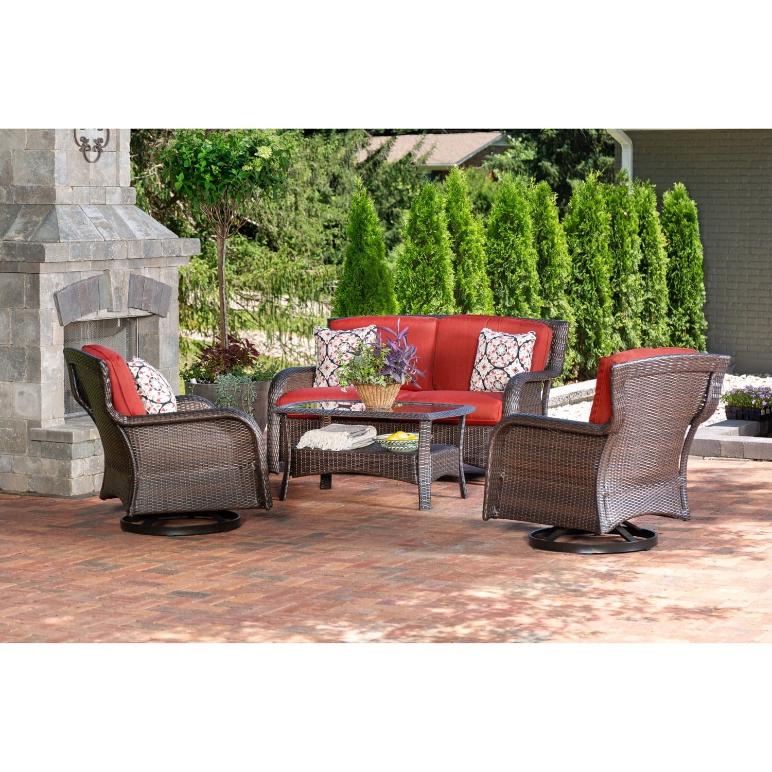 Hanover Conversation Set Hanover Strathmere 4-Piece Lounge Set in Crimson Red | Loveseat, 2 Swivel Gliders, Woven Coffee Table | STRATH4PCSW-LS-RED
