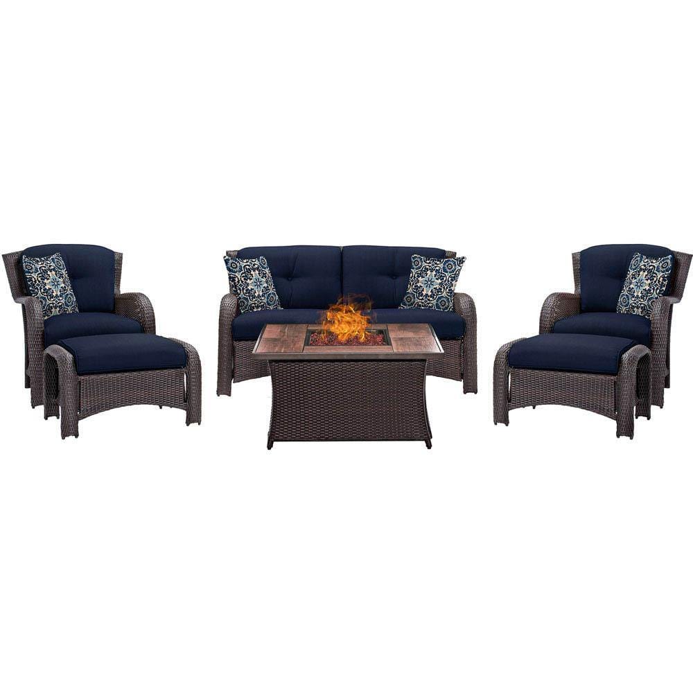 Hanover Conversation Set Hanover - Strathmere 6-Piece Lounge Set in Navy Blue with Fire Pit Table