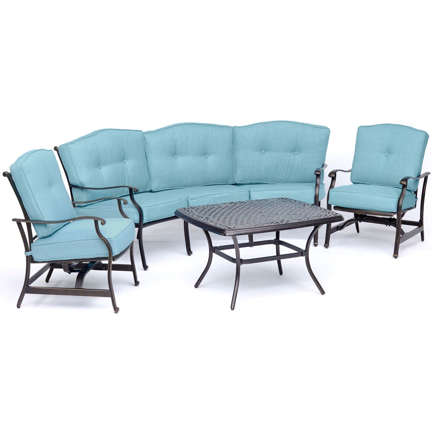 Hanover Conversation Set Hanover - Traditions 4-Piece Aluminum Patio Conversation Set with Blue Cushions, Cast-Top Coffee Table, Sofa and 2-Rockers