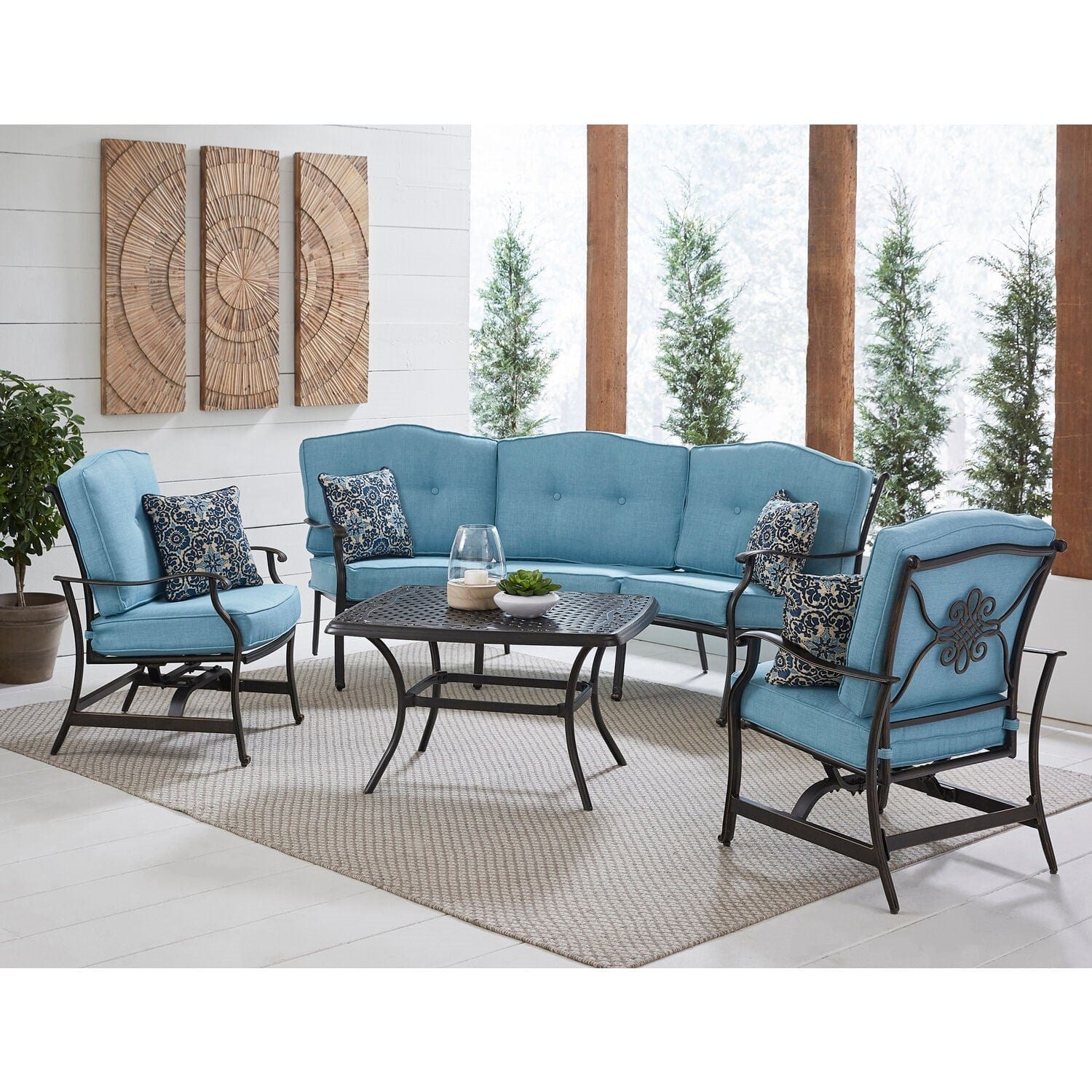 Hanover Conversation Set Hanover - Traditions 4-Piece Aluminum Patio Conversation Set with Blue Cushions, Cast-Top Coffee Table, Sofa and 2-Rockers