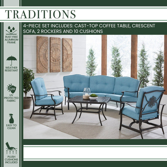 Hanover Conversation Set Hanover - Traditions 4-Piece Aluminum Patio Conversation Set with Blue Cushions, Cast-Top Coffee Table, Sofa and 2-Rockers | Blue/Bronze | TRAD4PCCT-BLU