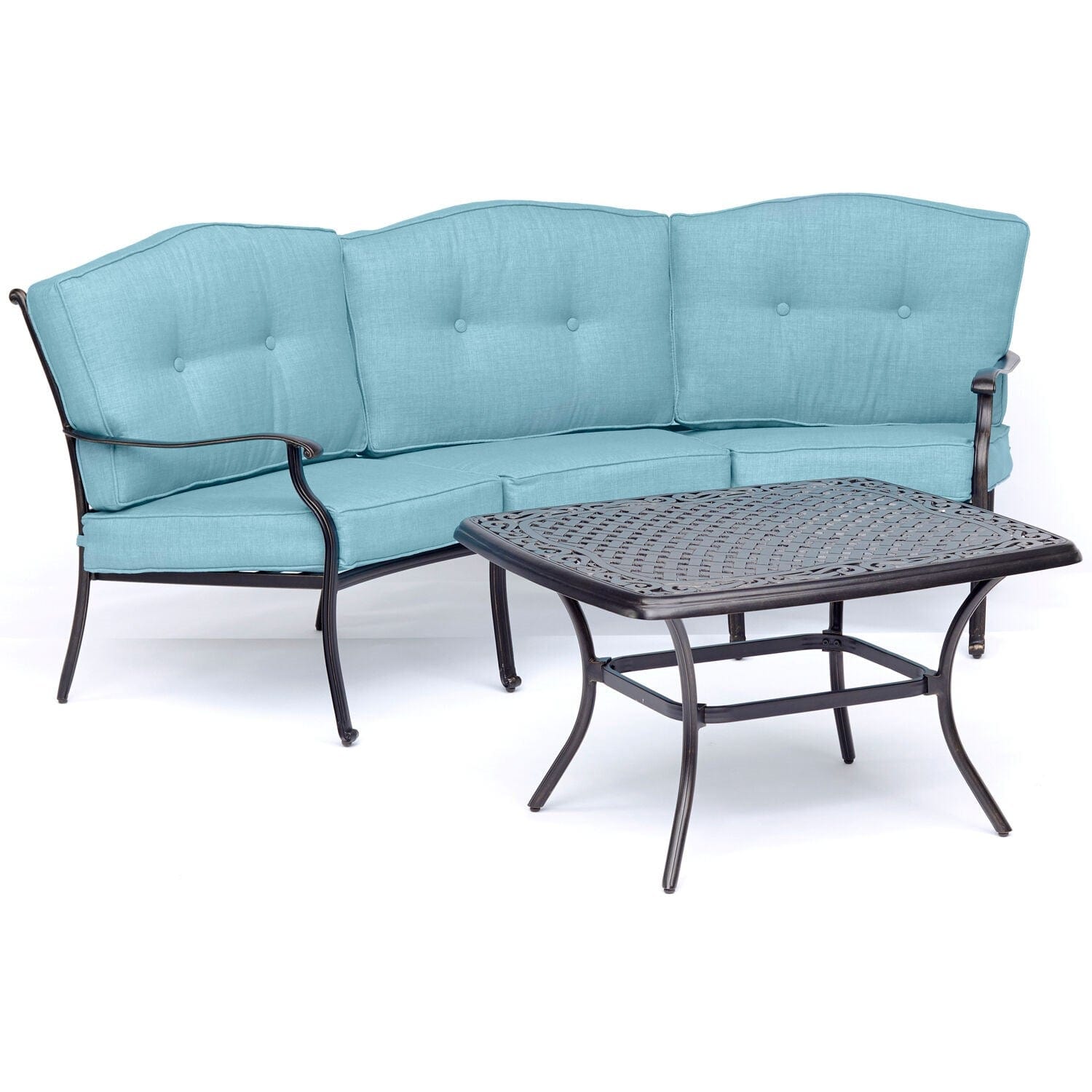 Hanover Conversation Set Hanover - Traditions 4-Piece Aluminum Patio Conversation Set with Blue Cushions, Cast-Top Coffee Table, Sofa and 2-Rockers | Blue/Bronze | TRAD4PCCT-BLU