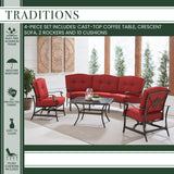Hanover Conversation Set Hanover - Traditions 4-Piece Aluminum Patio Conversation Set with Red Cushion, Cast-Top Coffee Table, Sofa and 2-Rockers | TRAD4PCCT-RED