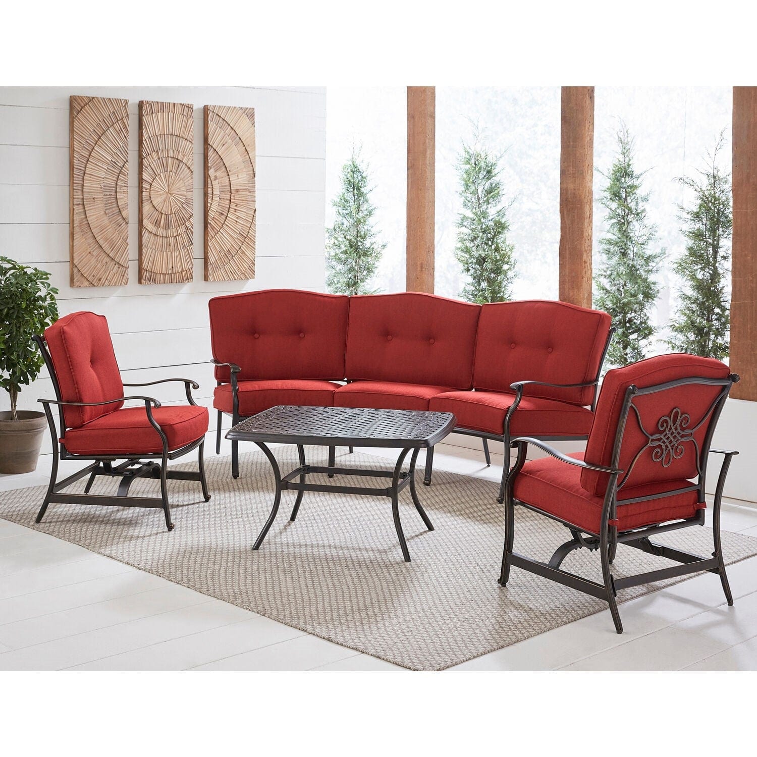 Hanover Conversation Set Hanover - Traditions 4-Piece Aluminum Patio Conversation Set with Red Cushion, Cast-Top Coffee Table, Sofa and 2-Rockers | TRAD4PCCT-RED