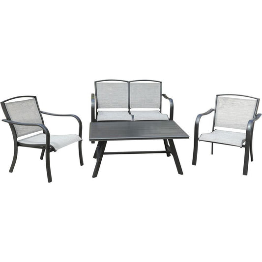 Hanover Deep Seating Foxhill 4-Piece Commercial-Grade Patio Seating Set with 2 Sling Lounge Chairs, Sling Loveseat, and a Slat-Top Coffee Table, FOXHILL4PC-GRY