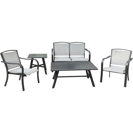 Hanover Deep Seating Foxhill 5-Piece Commercial-Grade Patio Seating Set with 2 Sling Chairs, Sling Loveseat, Slat Coffee Table, and 22" Side Table, FOXHILL5PC-GRY