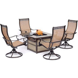 Hanover Fire Pit Chat Set Hanover Monaco 5-Piece Fire Pit Chat Set with 4 Sling Swivel Rockers and a 40,000 BTU Gas Fire Pit Coffee Table