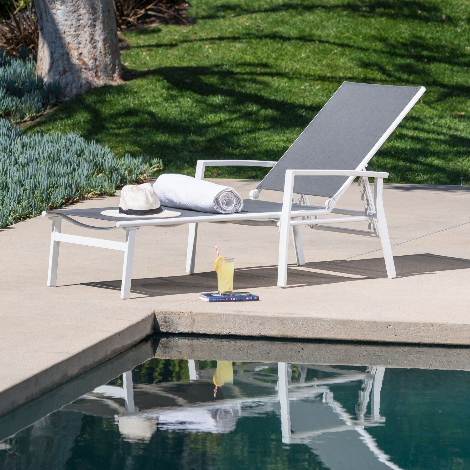 Hanover Fire Pit Chat Set Hanover- Naples 3-Piece Chaise Lounge Set featuring a 40,000 BTU Tile-Top Fire Pit Table with Burner Cover, White Frame / Gray Sling | 30x30 | NAPCHS3PCFP-WG